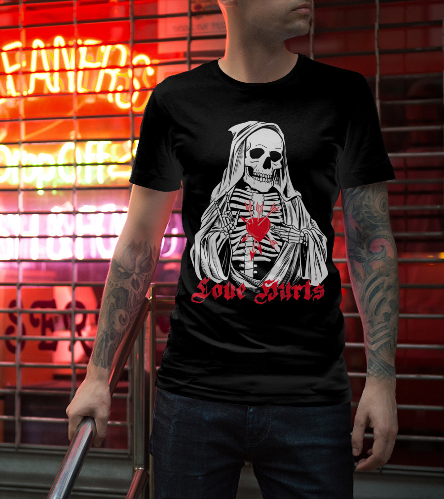 Love Hurts Grim Reaper Skull Heart Arrows Death T-Shirt