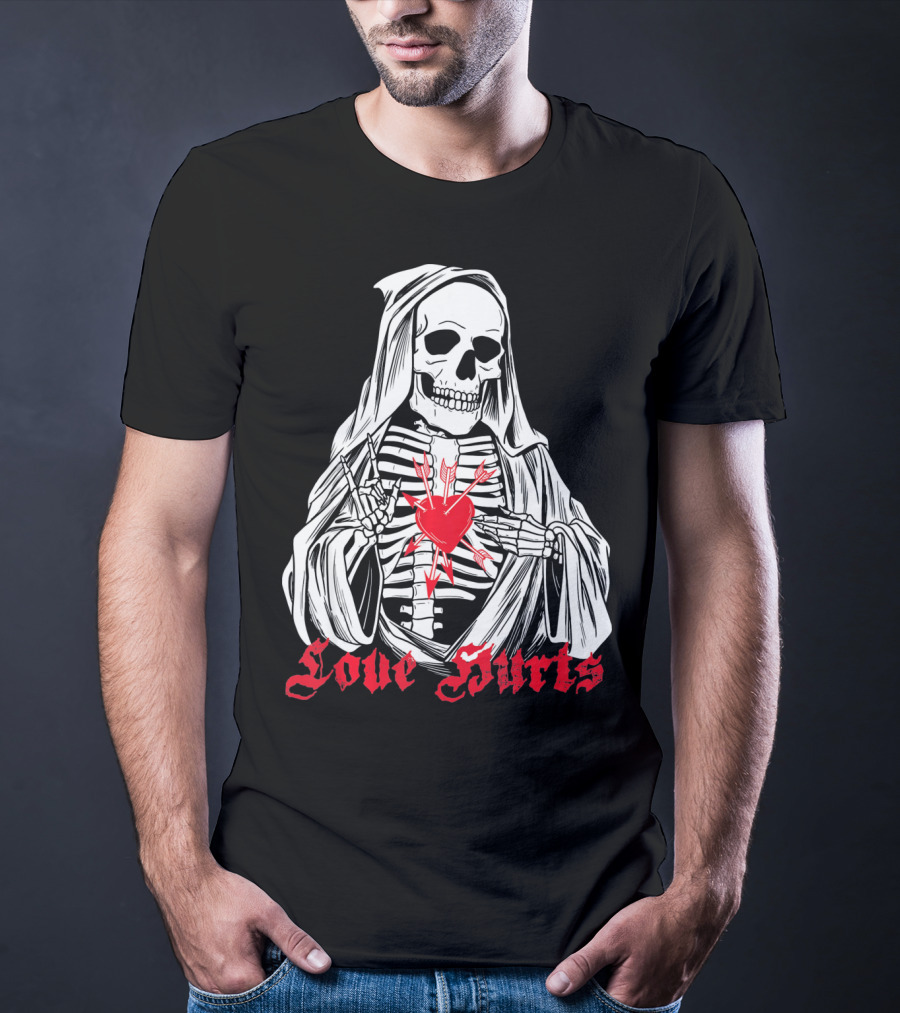Love Hurts Grim Reaper Skull Heart Arrows Death T-Shirt
