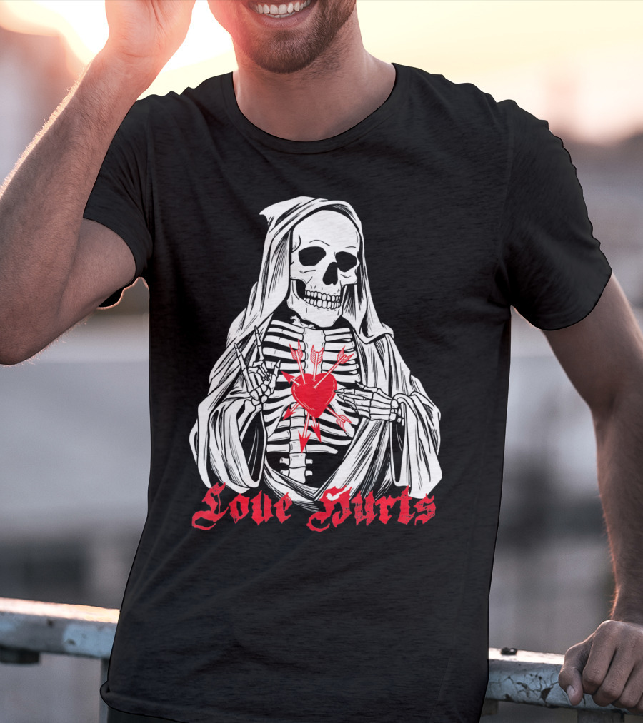 Love Hurts Grim Reaper Skull Heart Arrows Death T-Shirt
