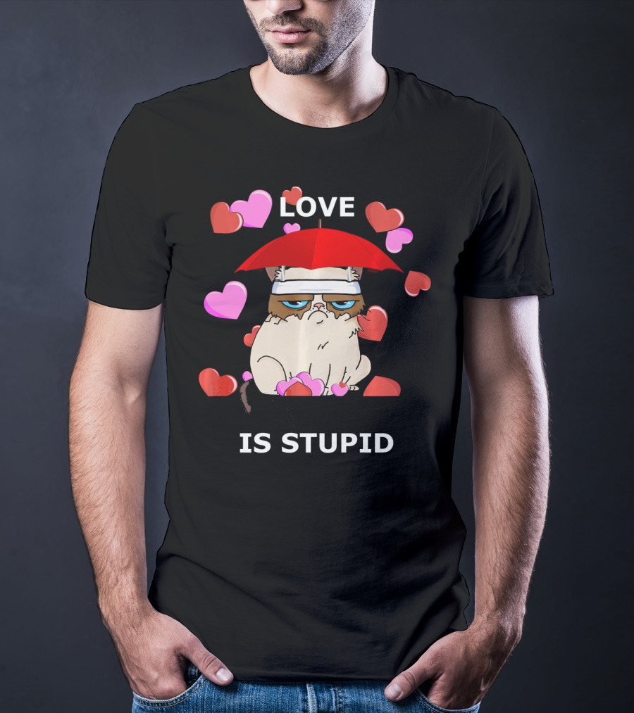 Love Is Stupid Valentines Cat With Hearts And Red Umbrella T-Shirt