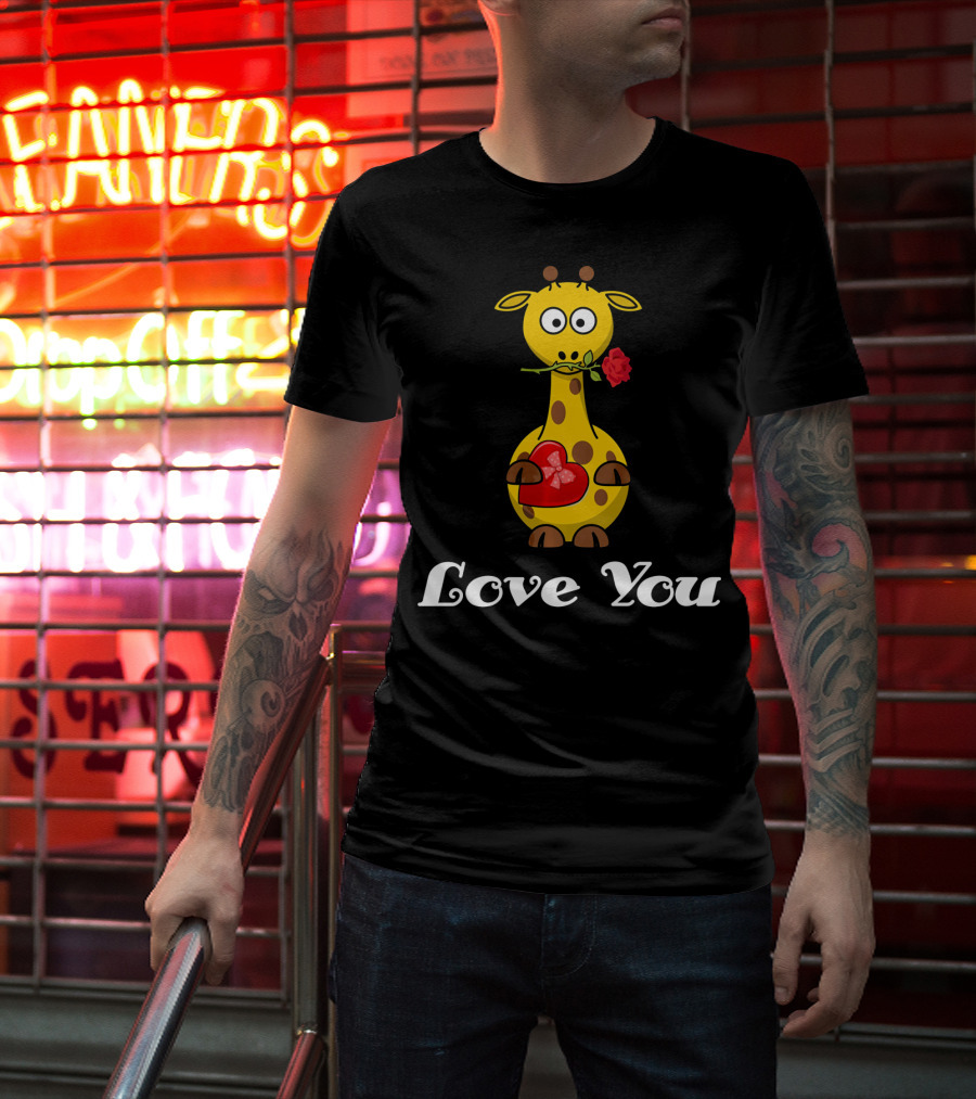 Love You Cute Giraffe Holding Rose And Heart Valentine T-Shirt