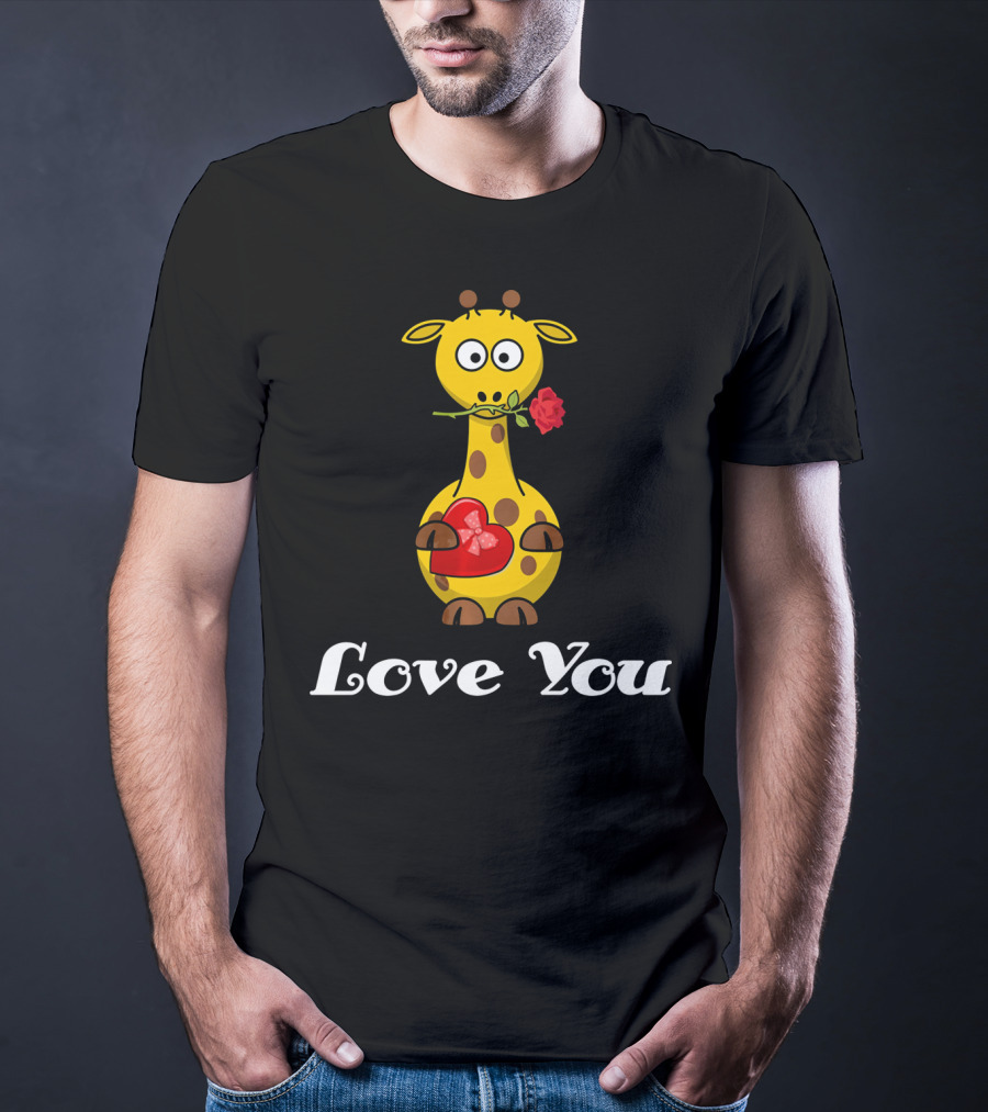 Love You Cute Giraffe Holding Rose And Heart Valentine T-Shirt