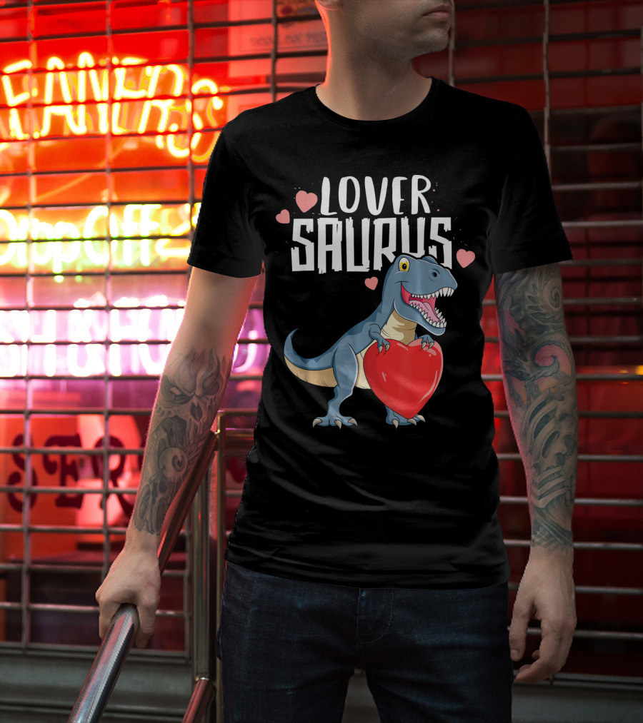 Lover Saurus Dinosaur Holding Heart With Loveasaurus Valentines T-Shirt