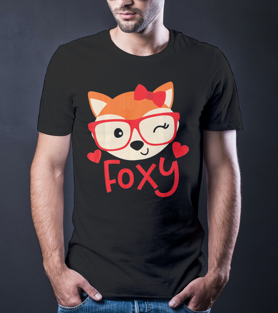 Foxy Cute Winking Fox With Glasses And Bow Valentine Hearts T-Shirt