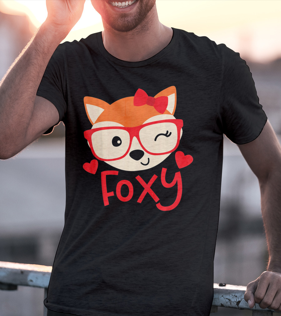 Foxy Cute Winking Fox With Glasses And Bow Valentine Hearts T-Shirt