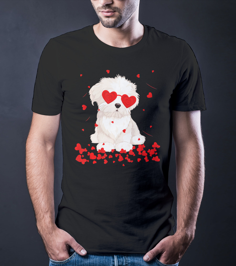 Maltese Dog With Heart Glasses Surrounded By Valentine Hearts T-Shirt