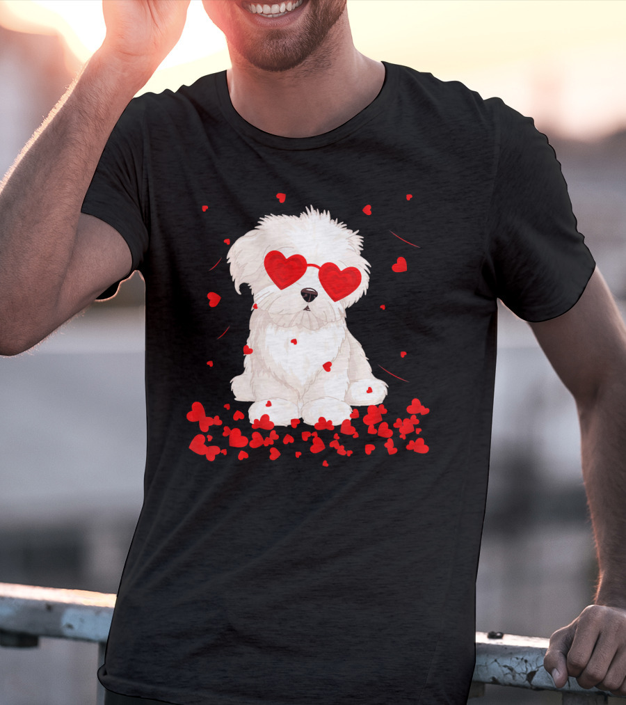 Maltese Dog With Heart Glasses Surrounded By Valentine Hearts T-Shirt