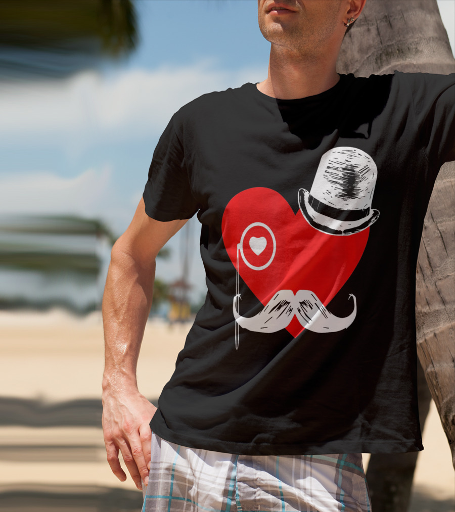 Heart Mustache Monocle Top Hat Valentines Day T-Shirt