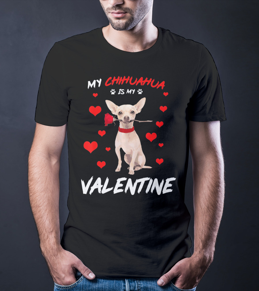 My Chihuahua Is My Valentine Raining Hearts Red Rose T-Shirt