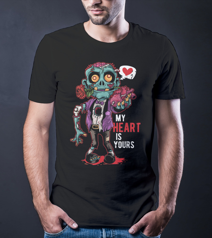 Zombie Valentine My Heart Is Yours With Brain And Rose T-Shirt