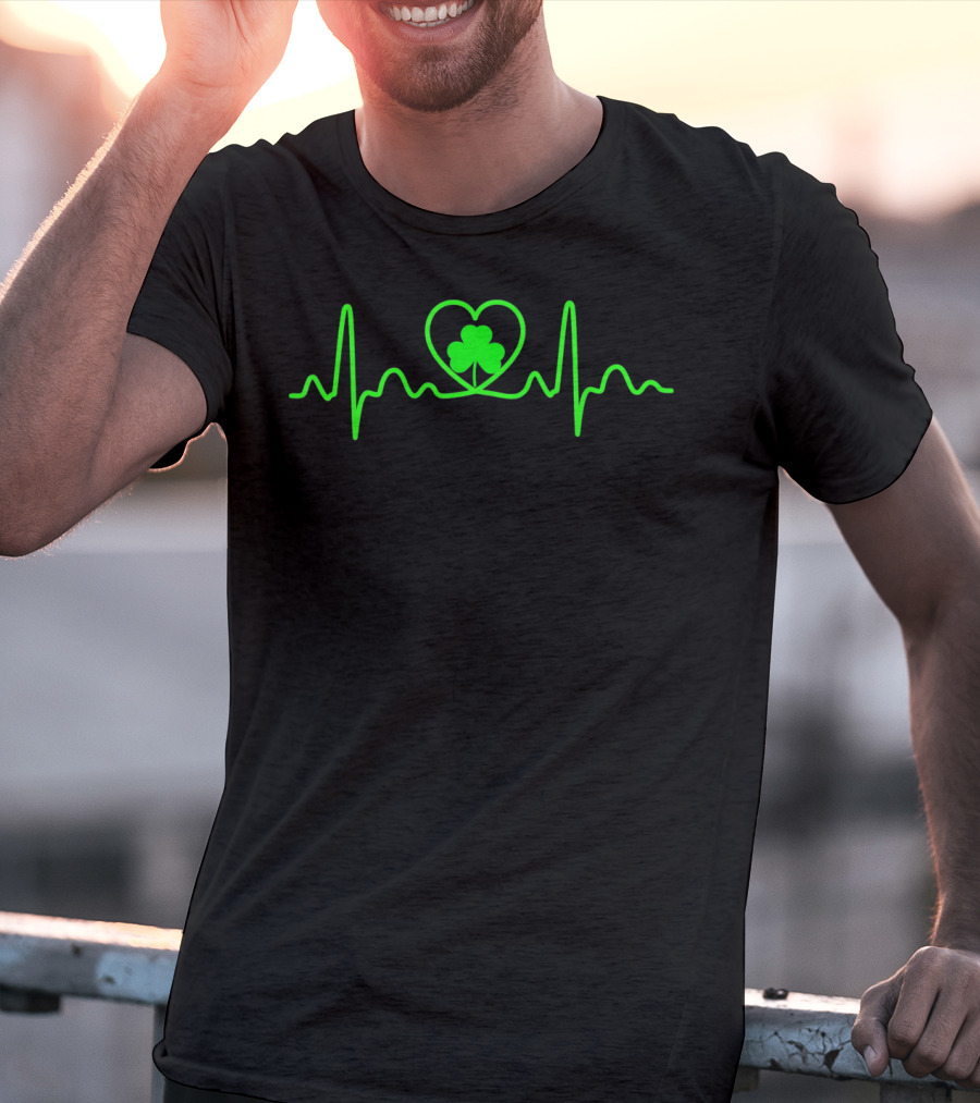 Shamrock Heartbeat Irish Symbol In Green Heart Line T-Shirt