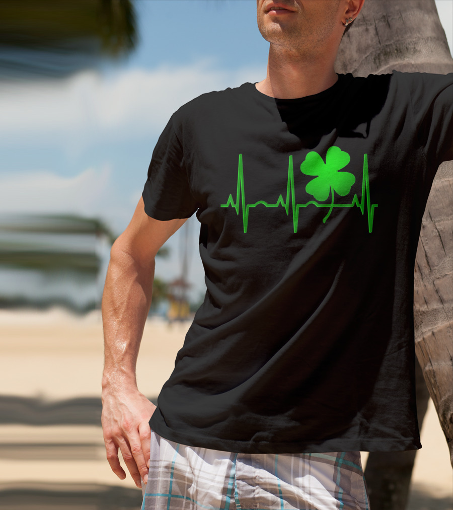 St Patricks Day Irish Shamrock Heartbeat EKG T-Shirt