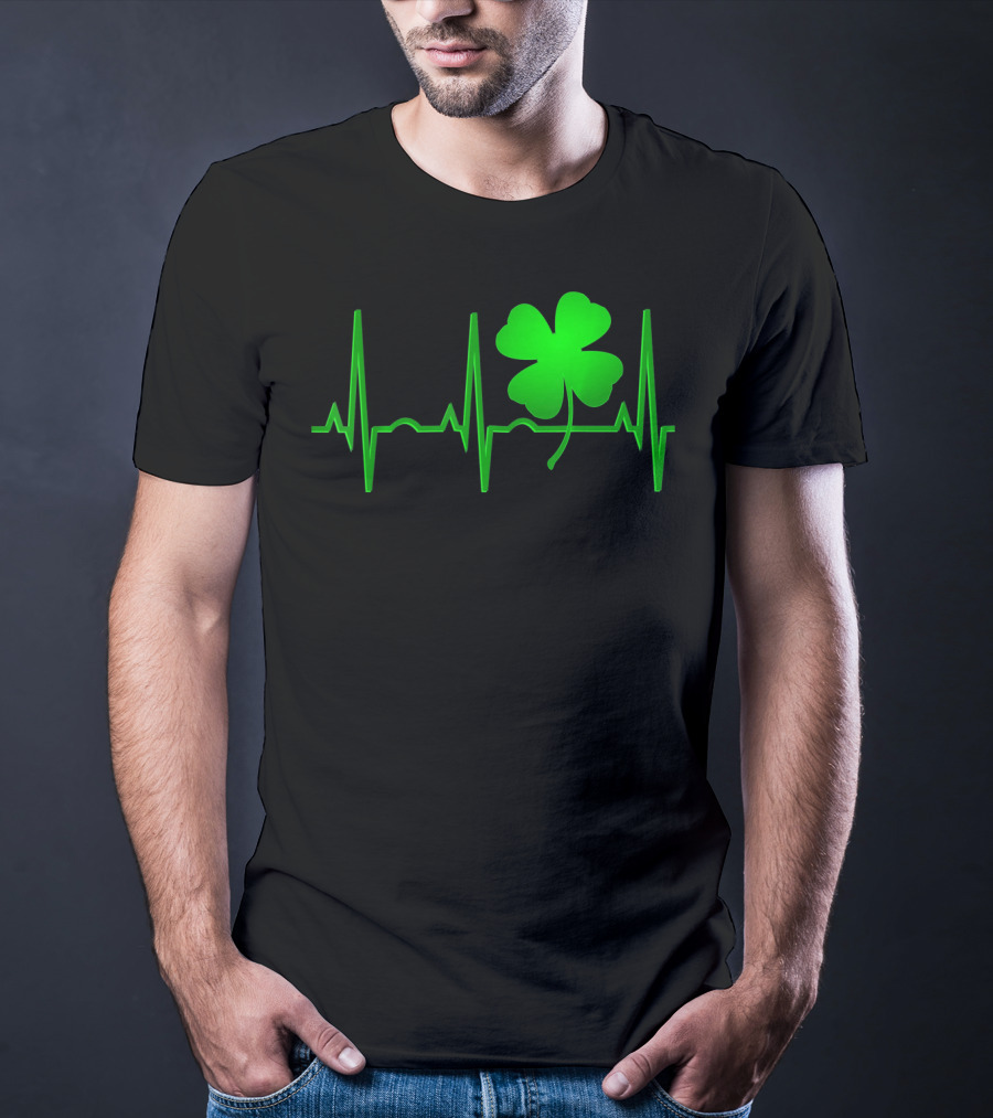 St Patricks Day Irish Shamrock Heartbeat EKG T-Shirt