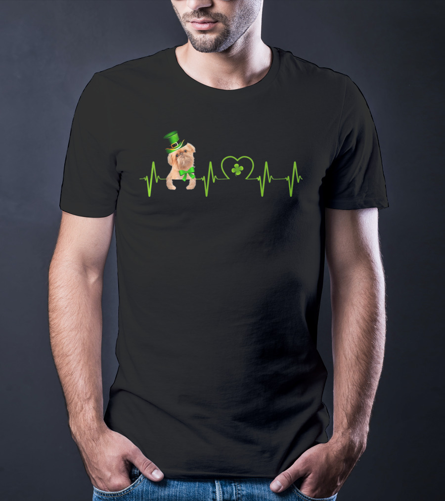 Brussels Griffon Heartbeat With St Patrick's Shamrock And Green Hat T-Shirt