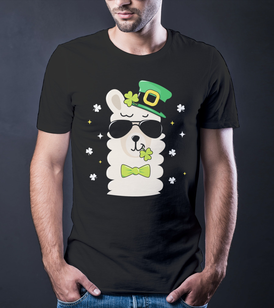 Llama Leprechaun Kids St Patricks Day Clover Hat Sunglasses Bow Tie T-Shirt