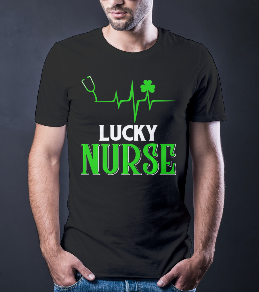 LUCKY NURSE Stethoscope Shamrock Heartbeat T-Shirt