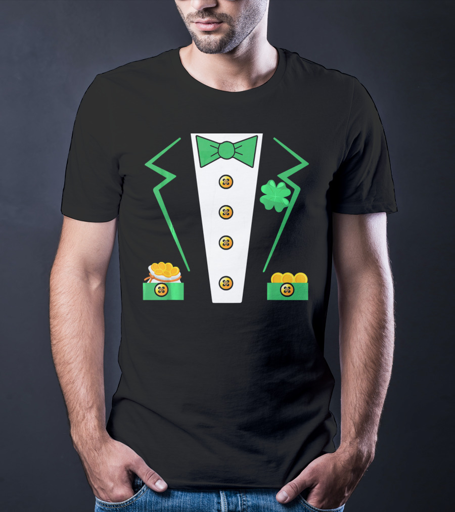 St. Patrick's Day Leprechaun Tuxedo With Shamrock And Coin Boxes T-Shirt