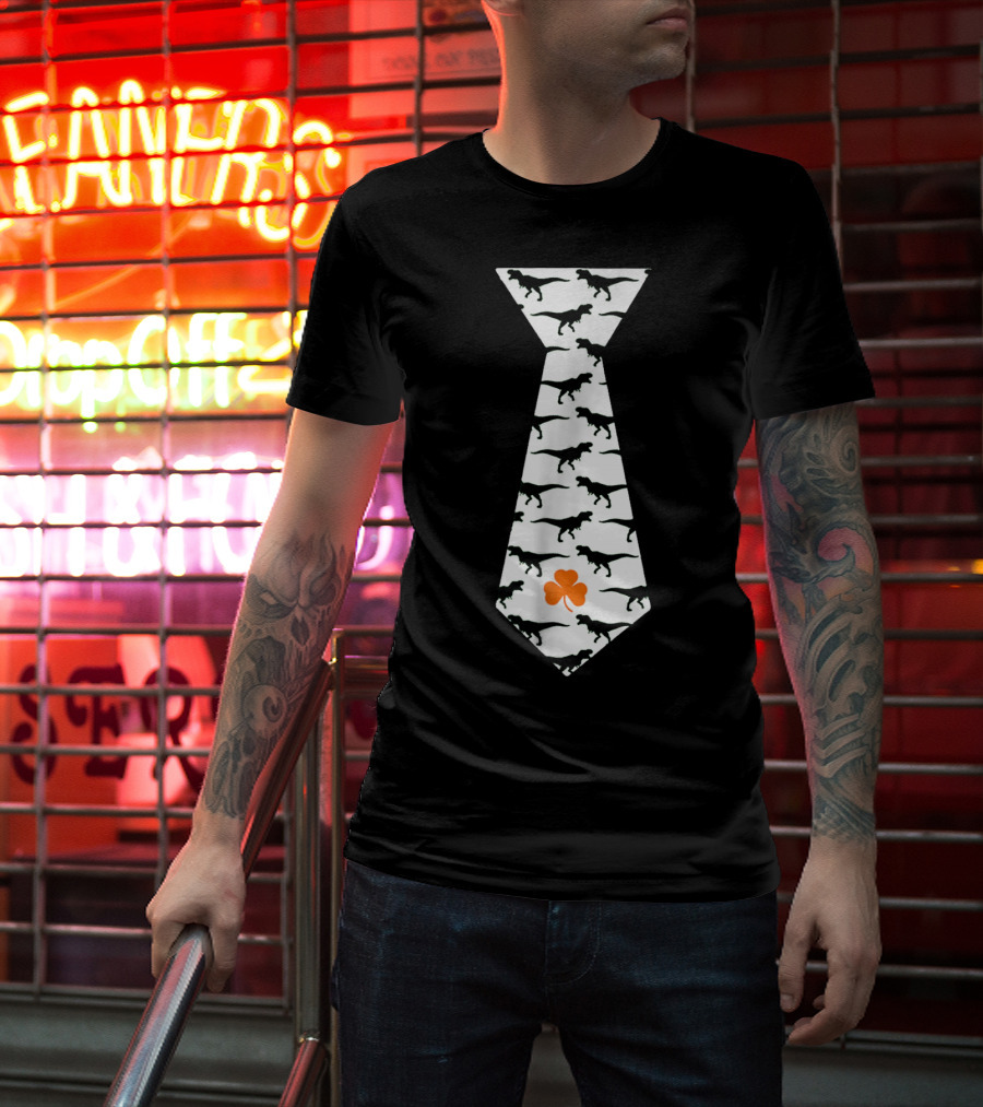 Cool St Patricks Day Dinosaur Tie Clover T-Shirt