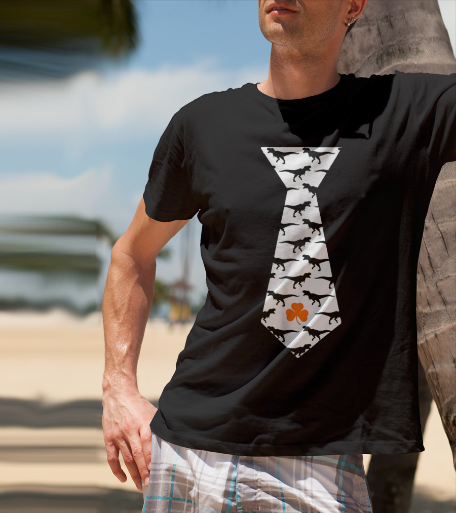 Cool St Patricks Day Dinosaur Tie Clover T-Shirt