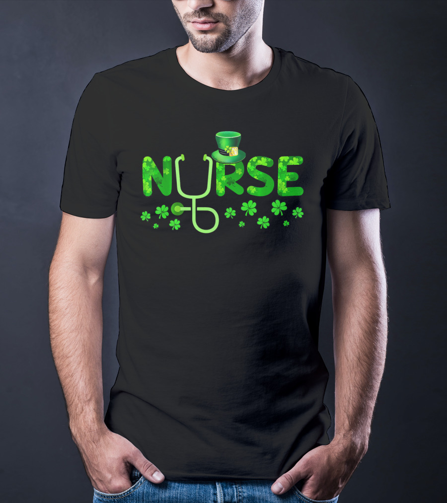 Nurse Shamrock Leprechaun Hat Stethoscope Clover T-Shirt