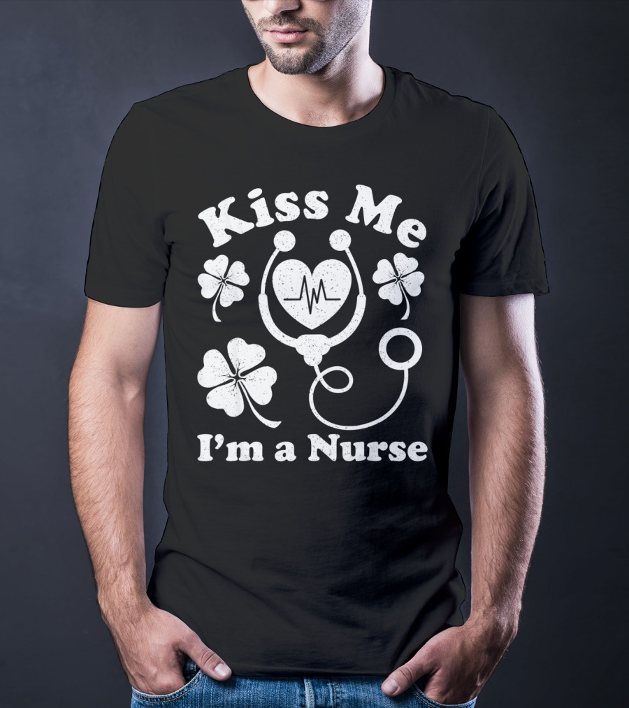 Kiss Me I'm A Nurse Stethoscope Heartbeat Shamrocks T-Shirt