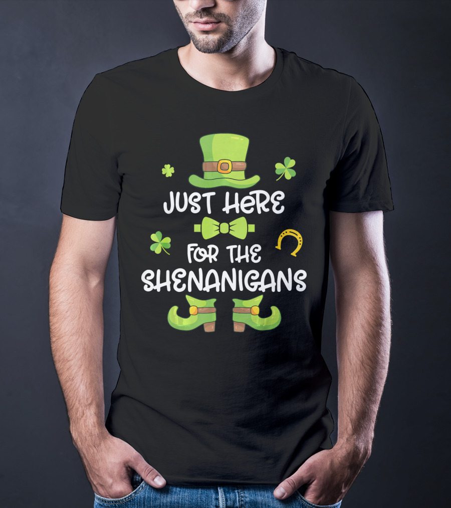 Just Here For The Shenanigans Leprechaun Dance Shamrock Gold T-Shirt