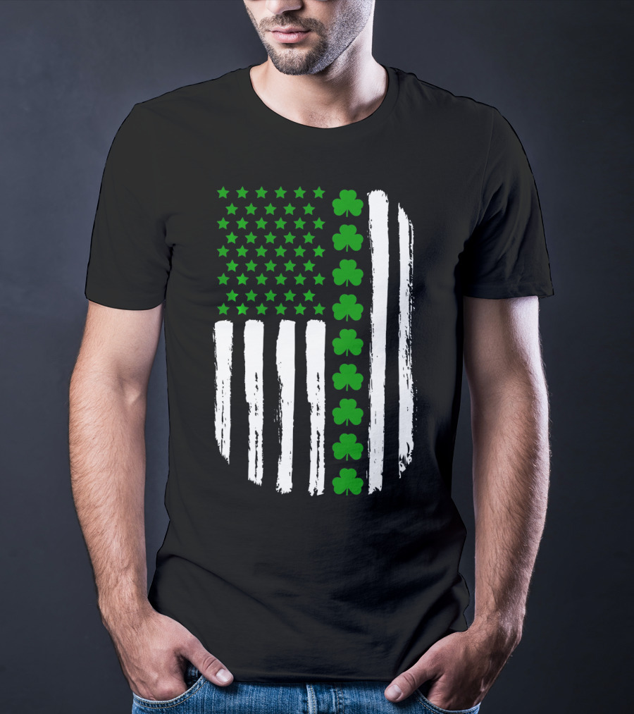 USA Flag With Green 4 Leaf Clover For St. Patrick Day T-Shirt