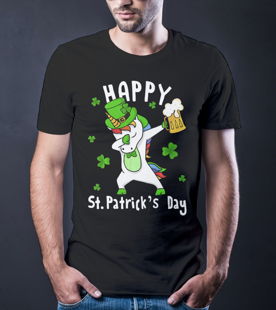 Happy St. Patrick's Day Dabbing Unicorn With Leprechaun Hat And Beer Mug T-Shirt