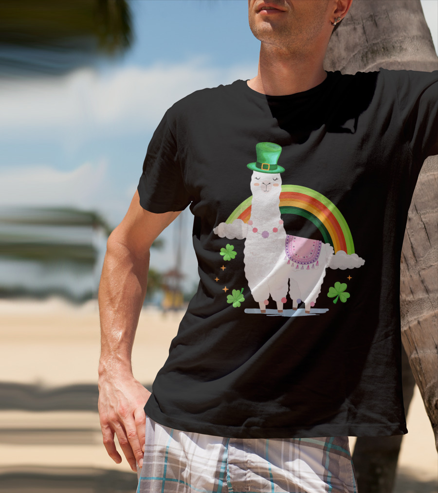 Llama St Patricks Day Rainbow Leprechaun Hat With Shamrocks T-Shirt