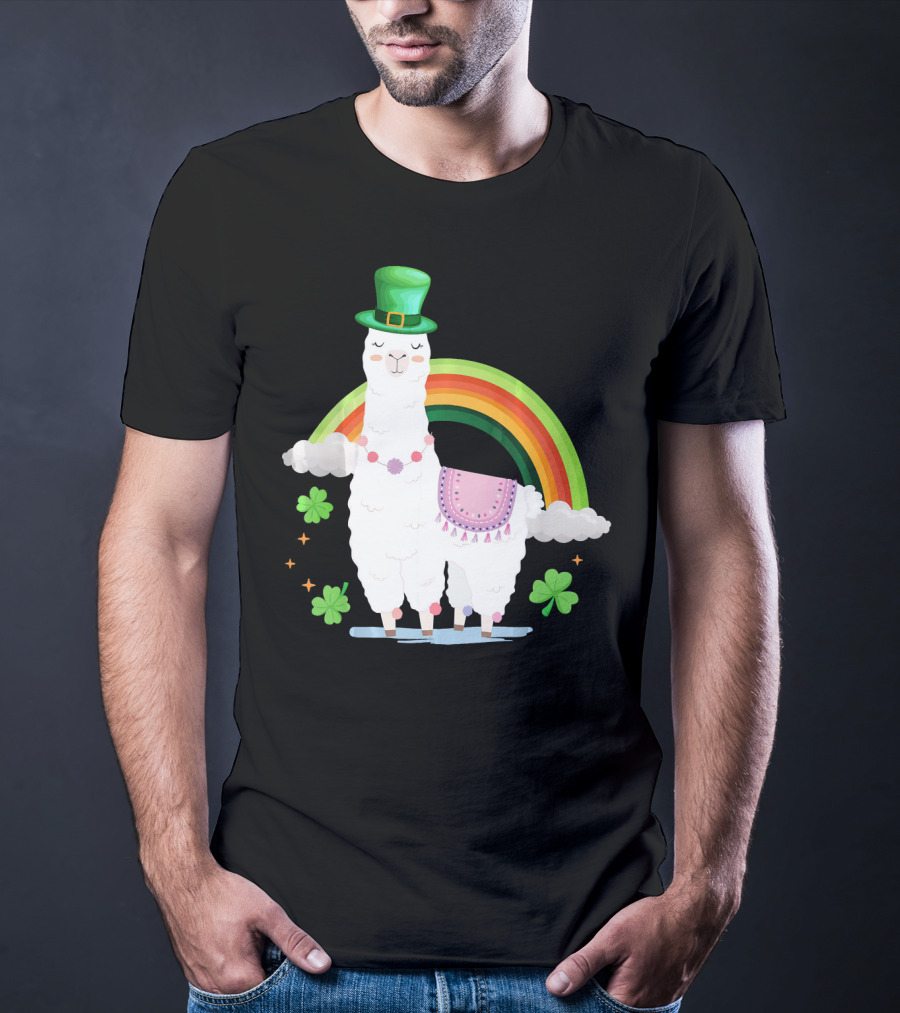 Llama St Patricks Day Rainbow Leprechaun Hat With Shamrocks T-Shirt