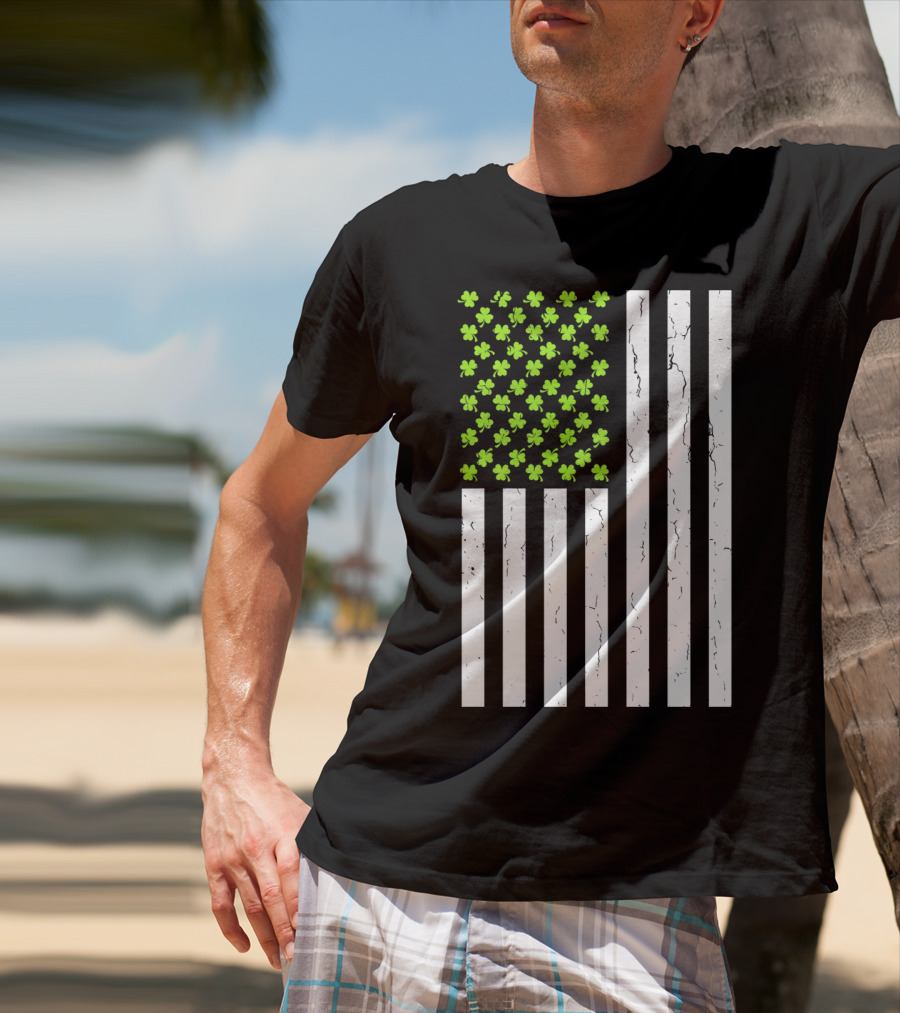 St Patricksday Shamrock American Flag T-Shirt