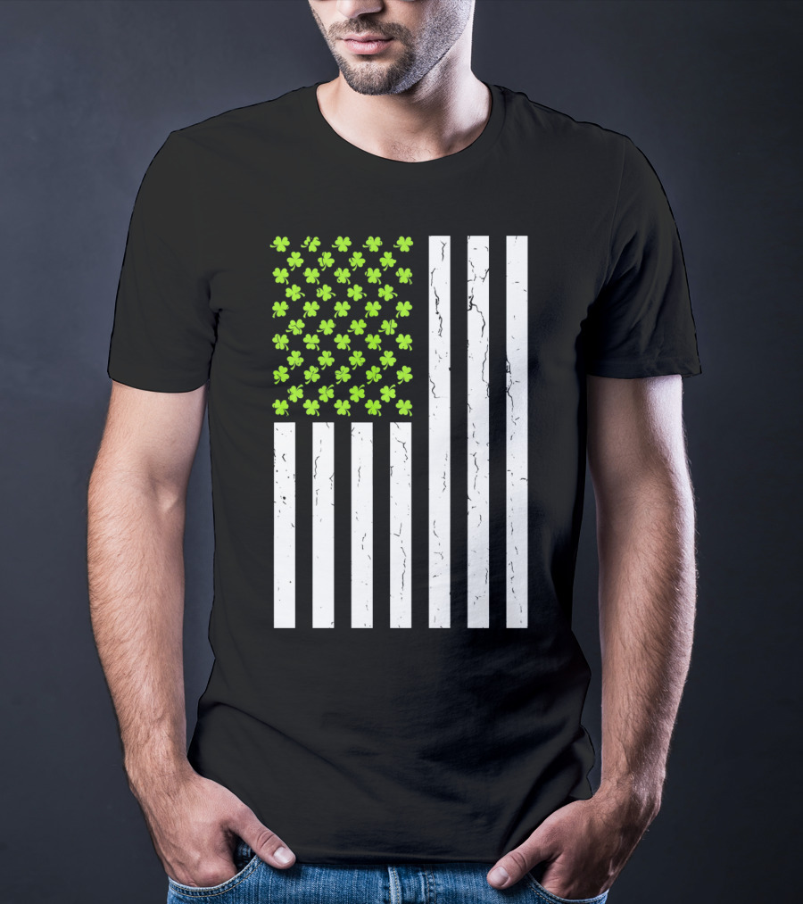 St Patricksday Shamrock American Flag T-Shirt