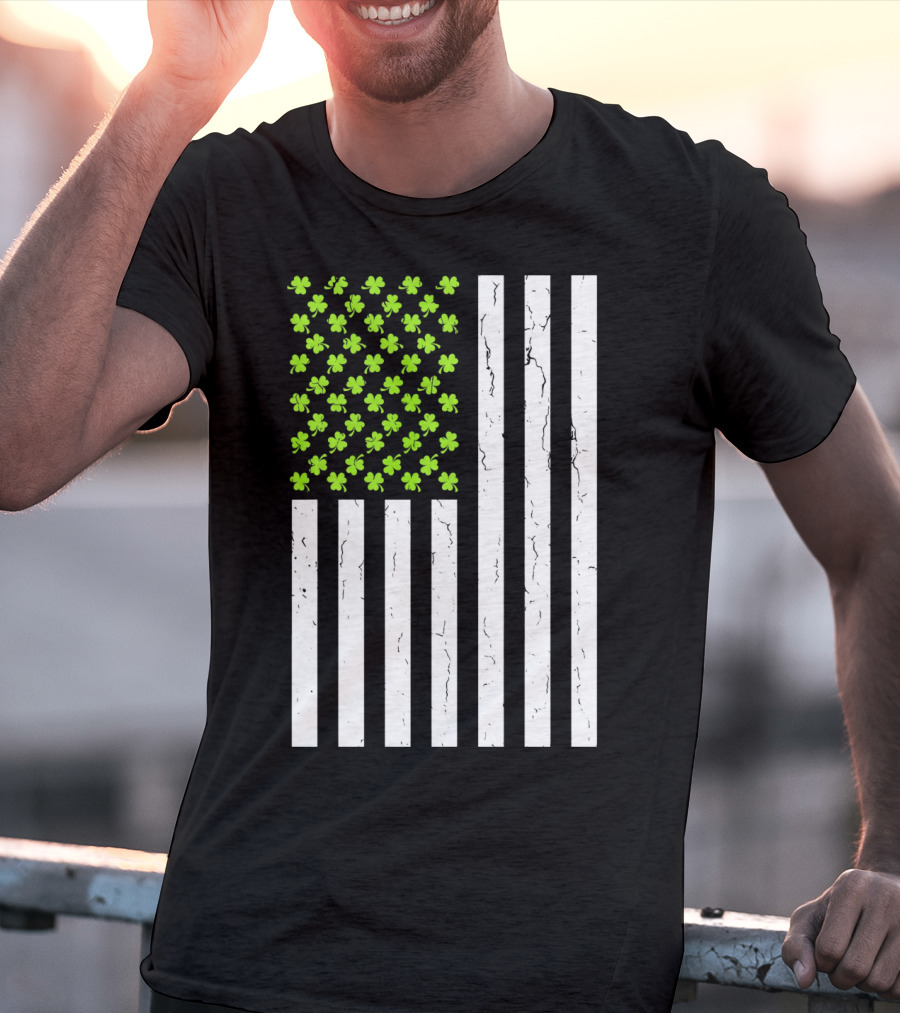 St Patricksday Shamrock American Flag T-Shirt