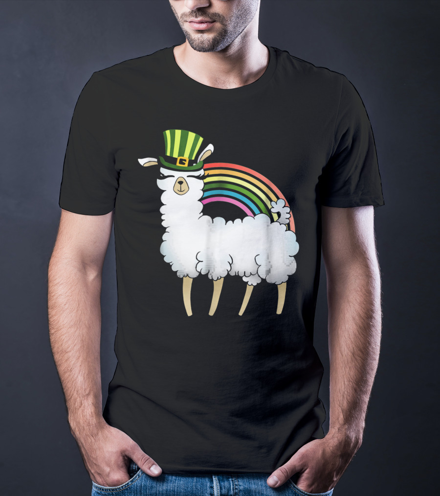 Llama In St Patrick's Day Hat With Rainbow T-Shirt