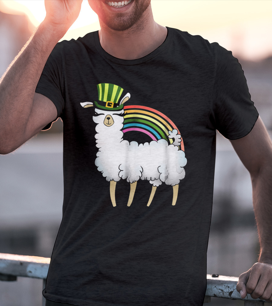 Llama In St Patrick's Day Hat With Rainbow T-Shirt