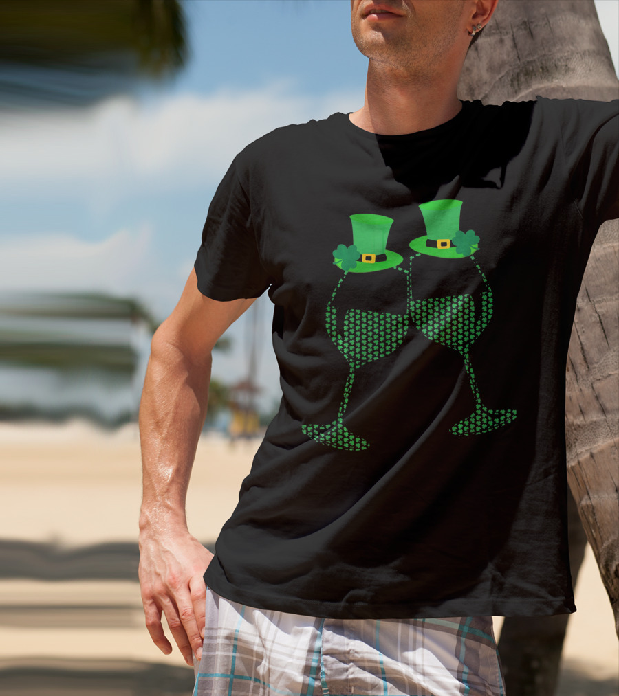 Wine Glasses Shamrock Leprechaun Hats St. Patrick's Day T-Shirt