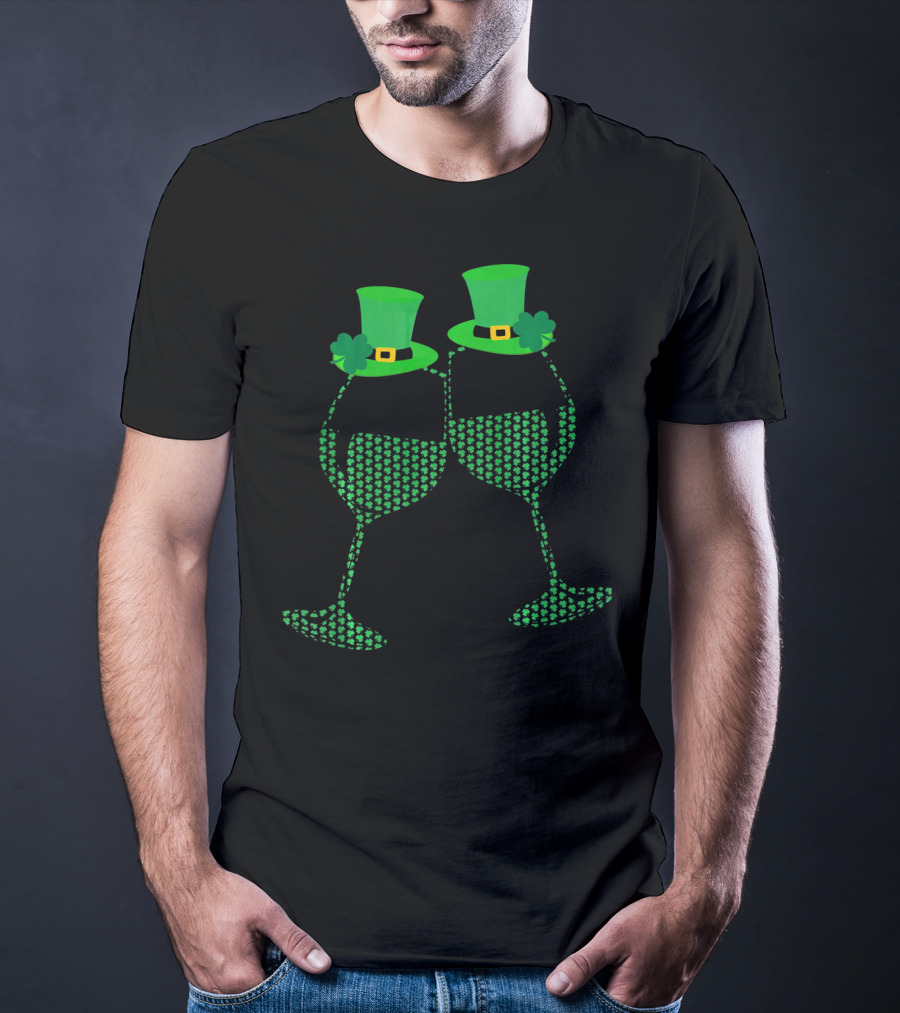 Wine Glasses Shamrock Leprechaun Hats St. Patrick's Day T-Shirt