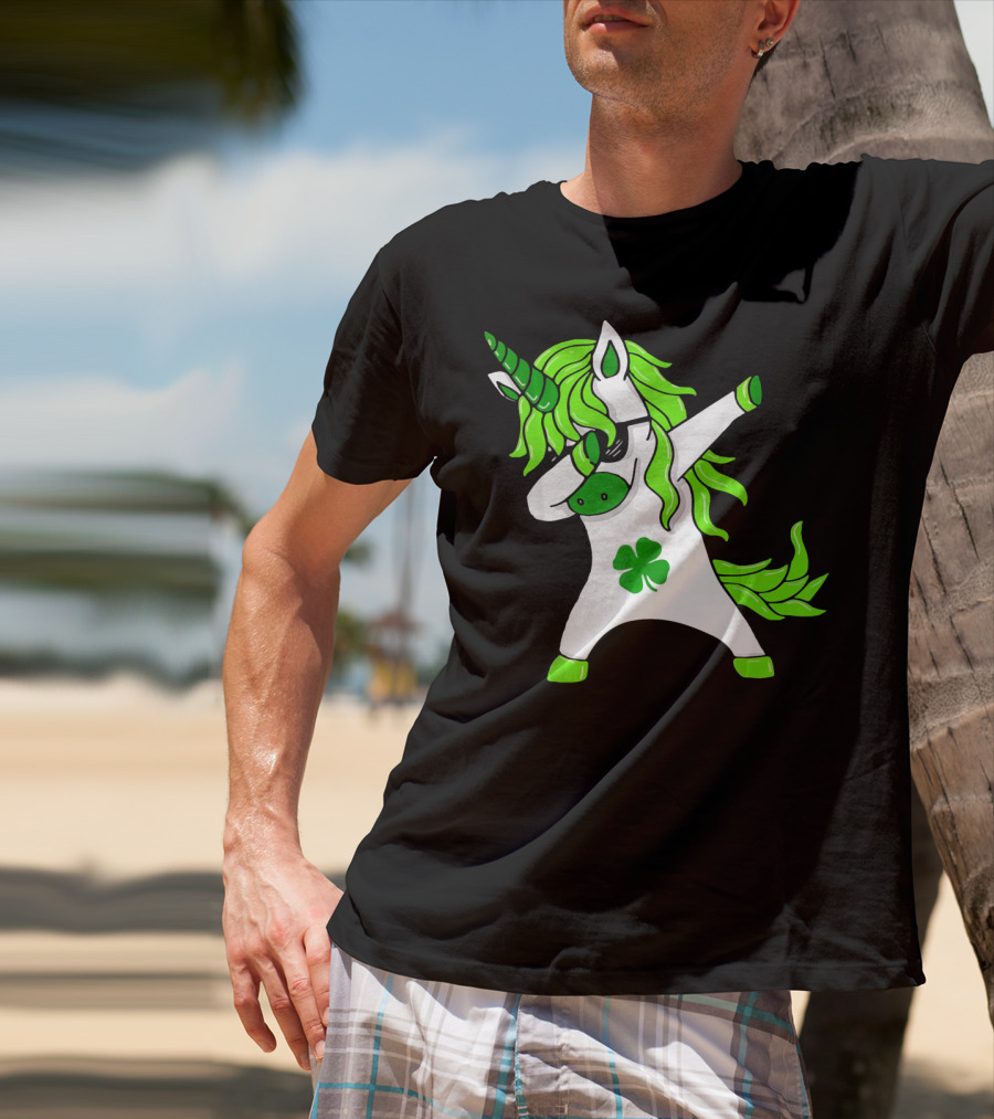 Mens Womens Dabbing Unicorn With Green Shamrock And Hair T-Shirt