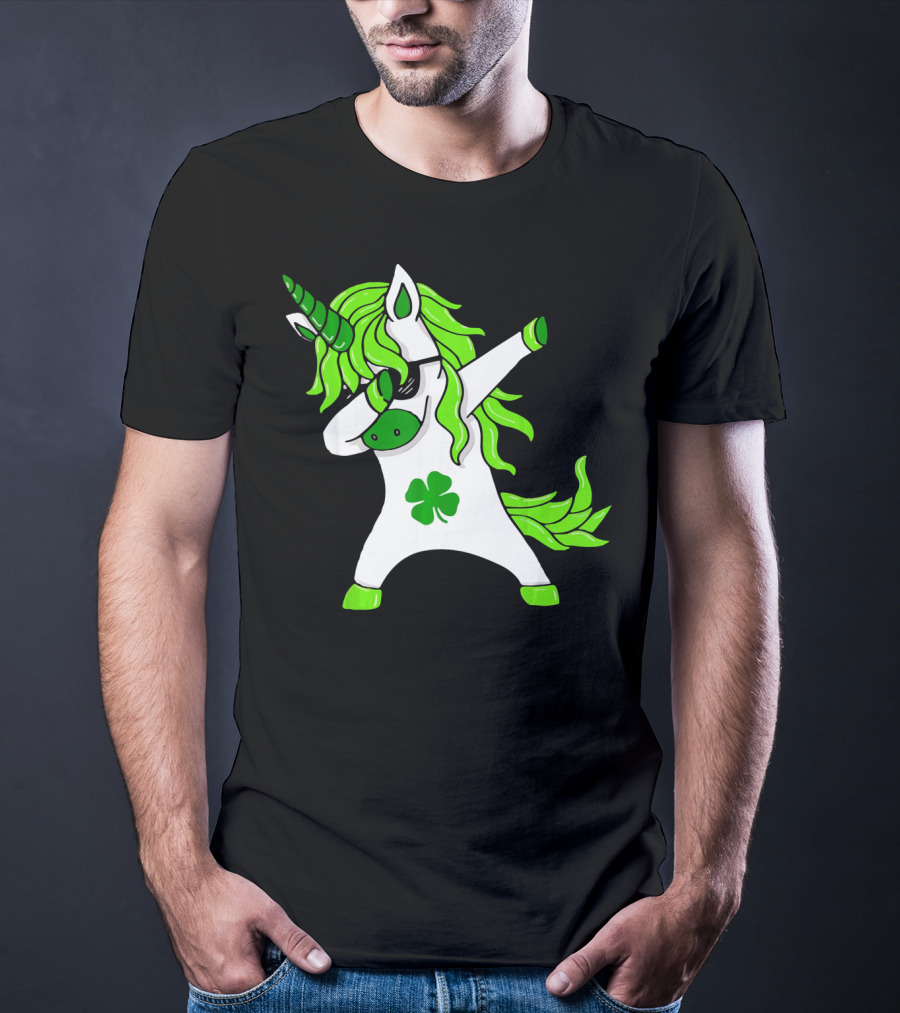 Mens Womens Dabbing Unicorn With Green Shamrock And Hair T-Shirt