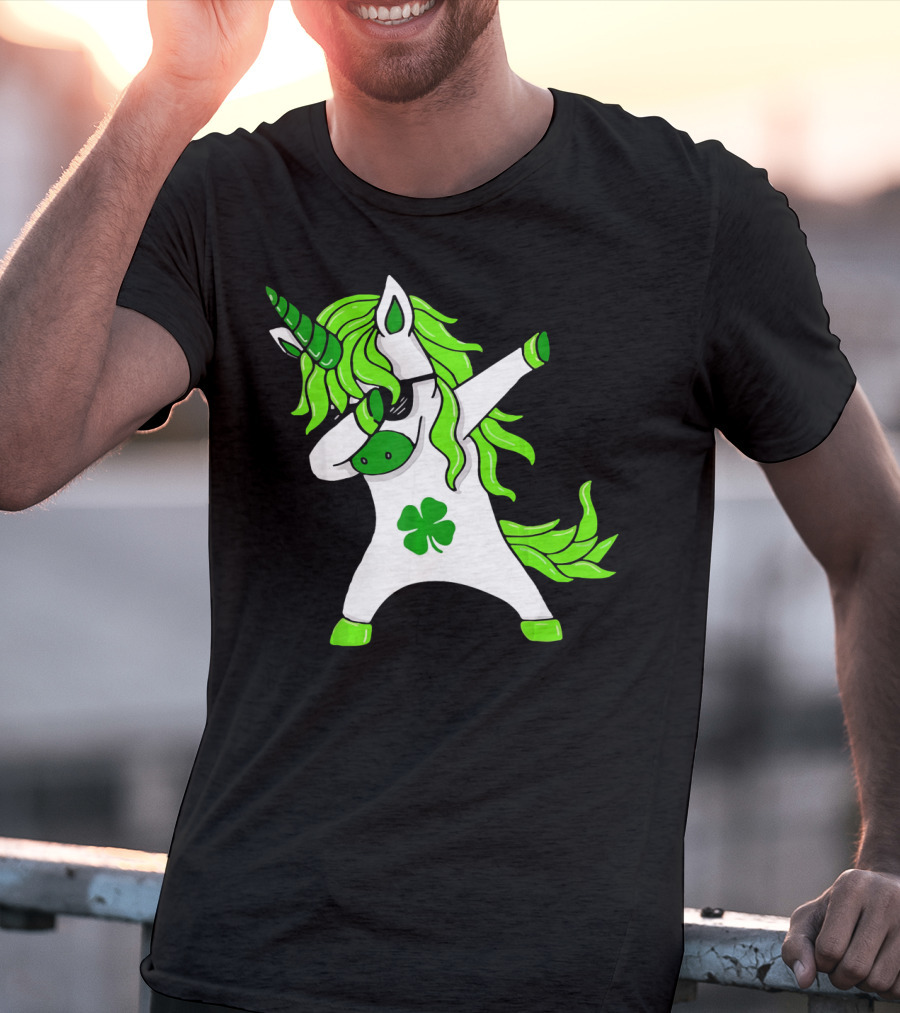 Mens Womens Dabbing Unicorn With Green Shamrock And Hair T-Shirt