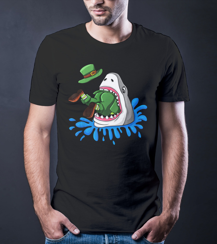 Shark Devours Leprechaun Wearing Green Outfit With Dropped Hat In Water Splash T-Shirt