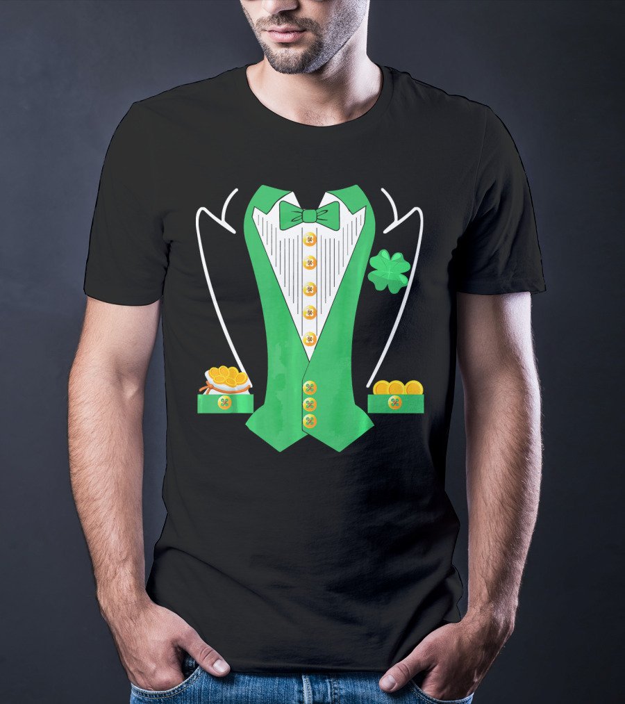 Leprechaun Costume Girl Green Suit Bow Tie Clover Gold Coins T-Shirt