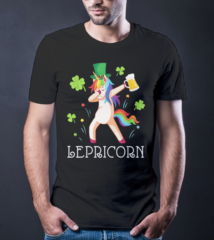 Leprechaun Unicorn Dabbing Drinking Beer With Shamrocks And Rainbow Tail T-Shirt
