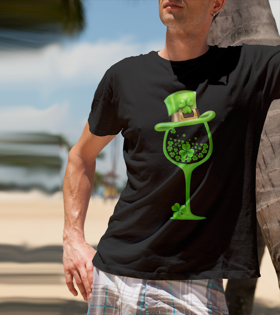 Shamrock Wine Glass With Green Top Hat For St Patricks T-Shirt