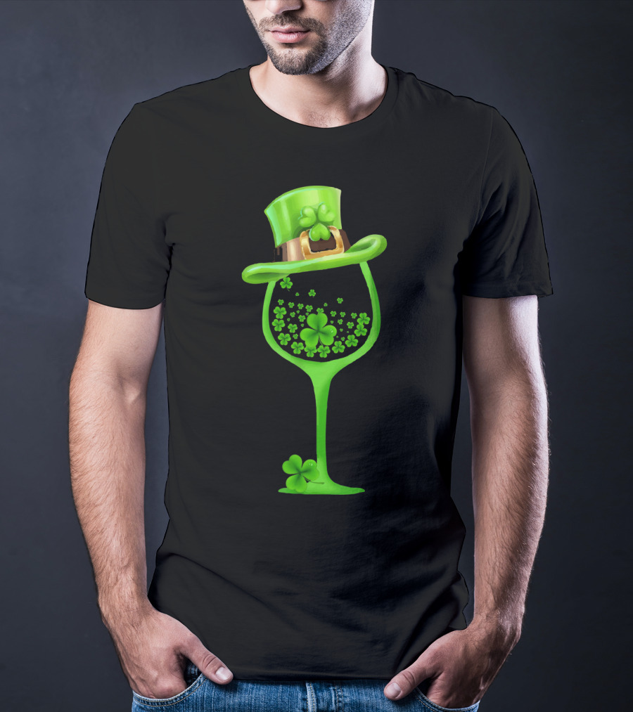 Shamrock Wine Glass With Green Top Hat For St Patricks T-Shirt
