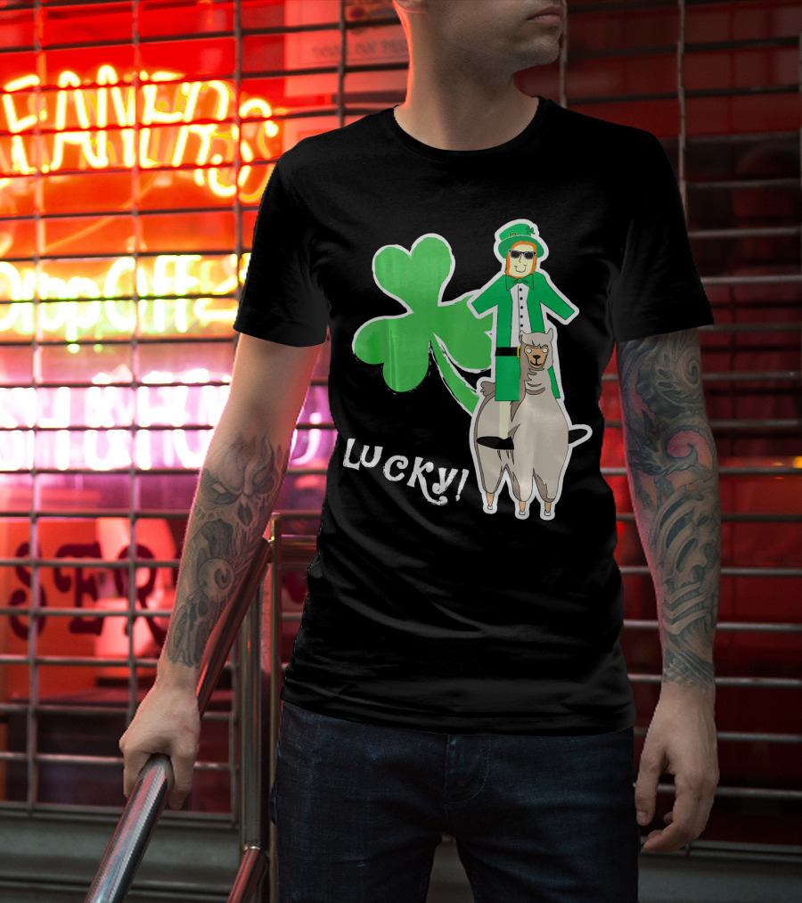 Lucky Leprechaun Riding Llama With Shamrock Irish T-Shirt