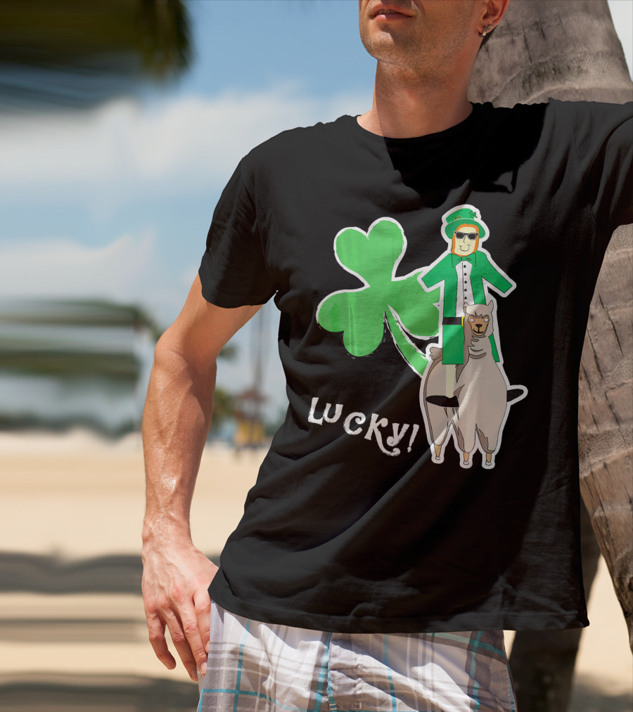 Lucky Leprechaun Riding Llama With Shamrock Irish T-Shirt