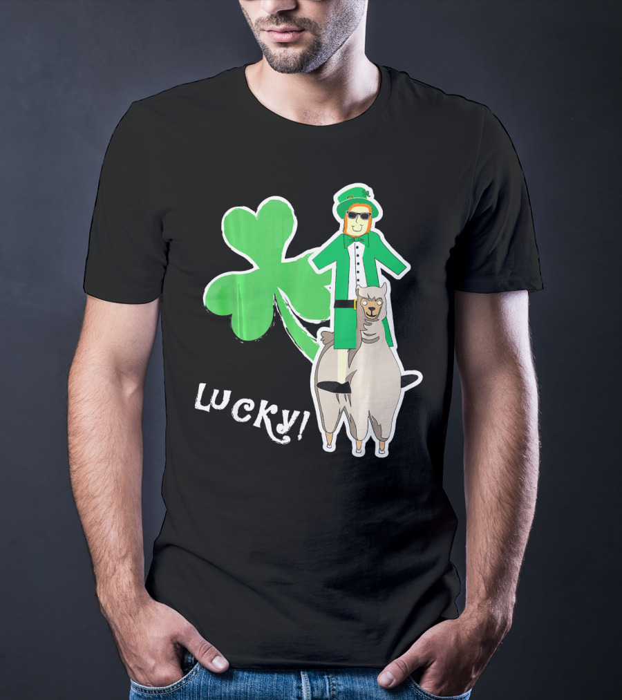 Lucky Leprechaun Riding Llama With Shamrock Irish T-Shirt