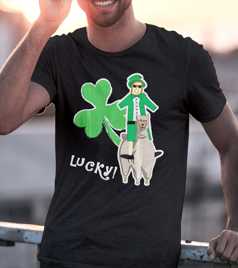 Lucky Leprechaun Riding Llama With Shamrock Irish T-Shirt