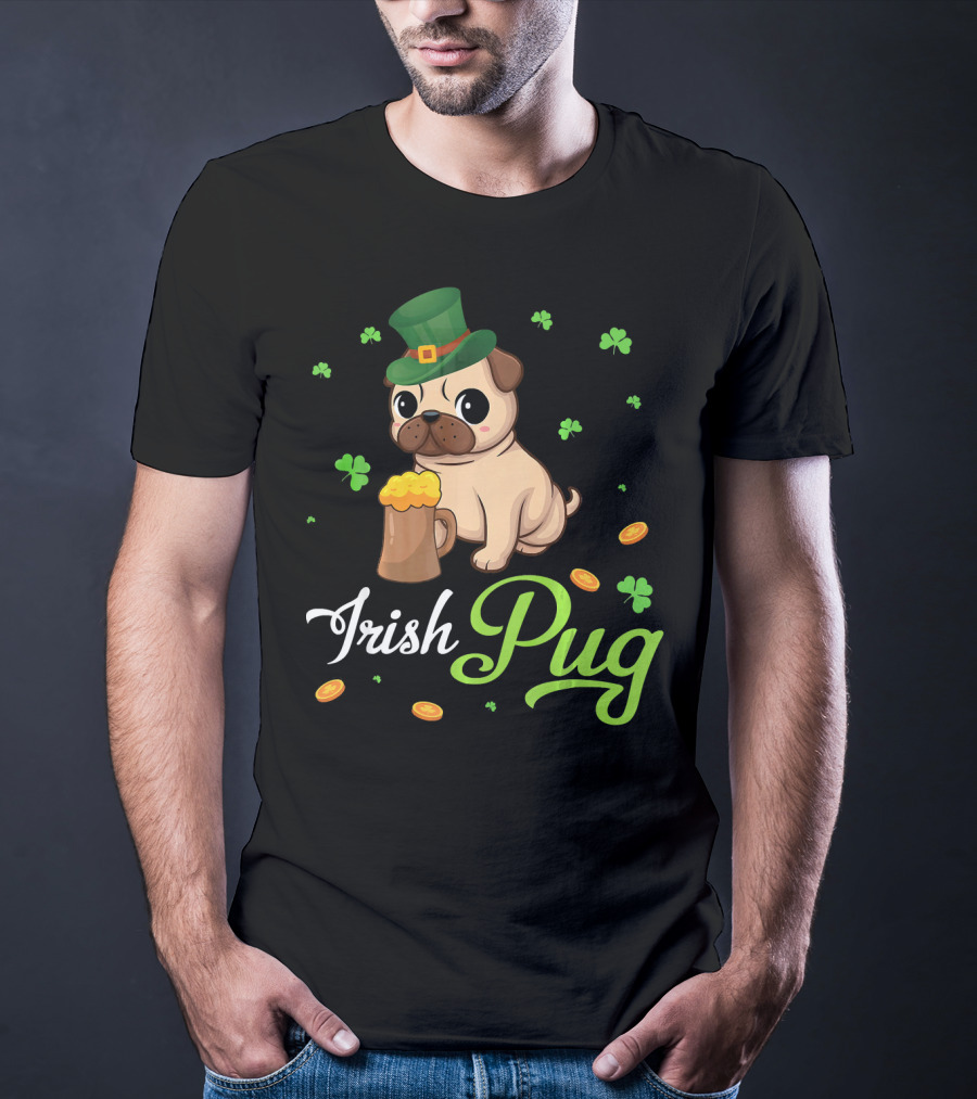Irish Pug Shamrocks Hat Beer Coins T-Shirt